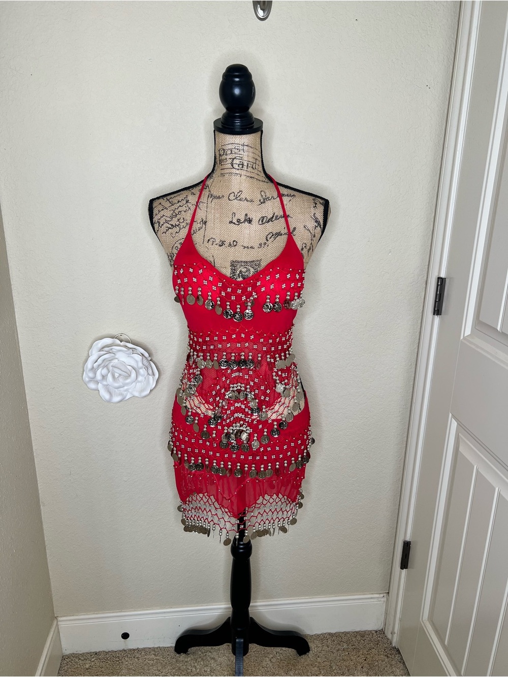 NTM: Red Belly Dance Costume 2 Piece Coin Halter Top Hip Scarf Skirt OS